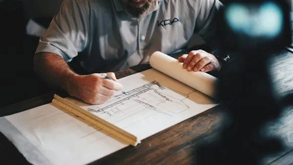 Project plans being reviewed at a workbench